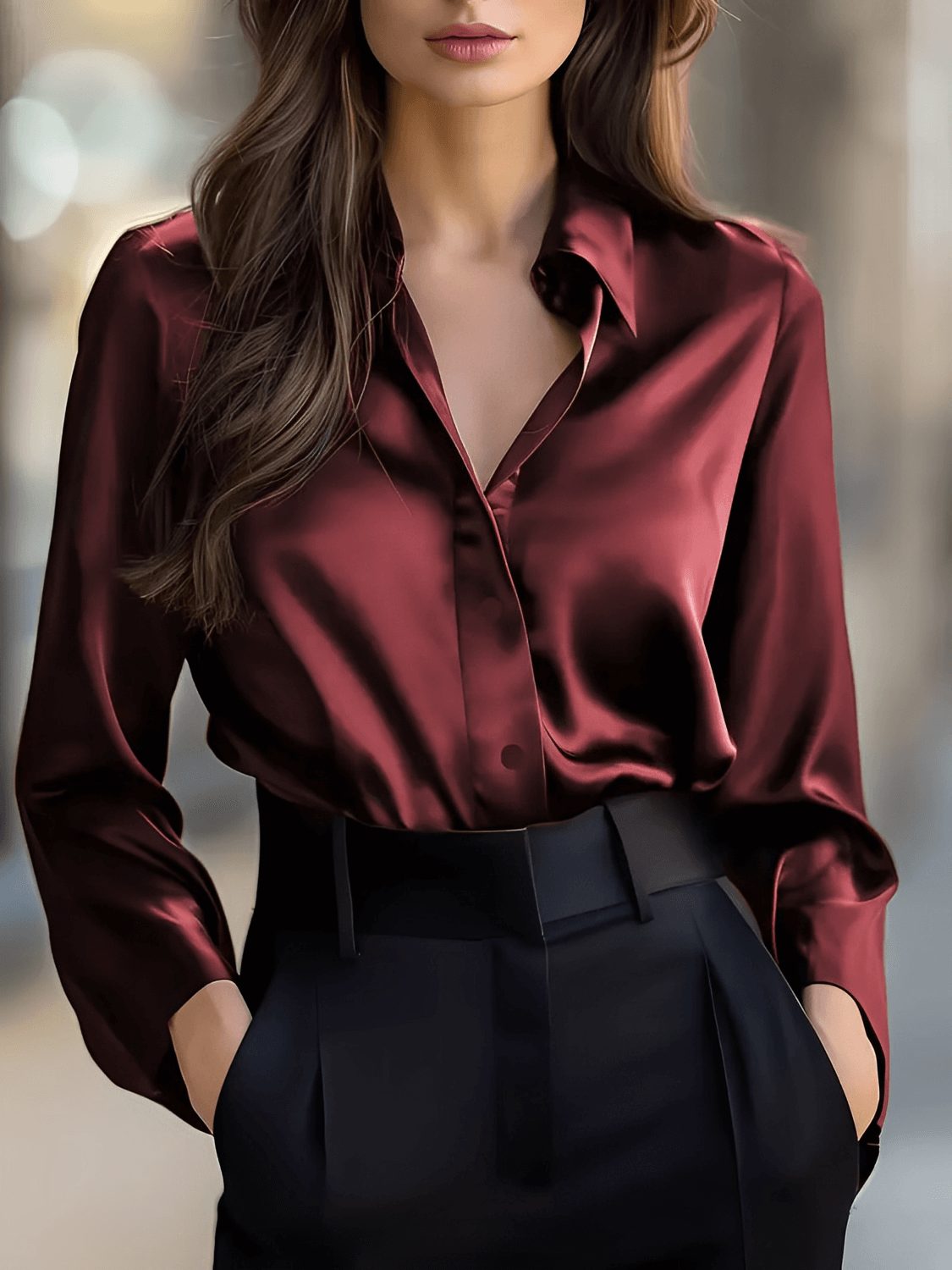 Camisa Feminina Acetinada com Punhos Retos e Botões Discreto - Iolanda