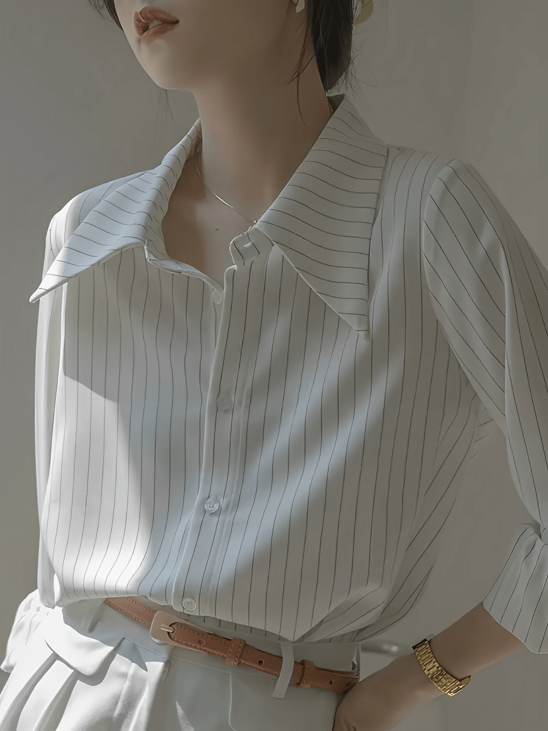 Camisa Feminina Vintage com Listras Finas Gola Ampla e Punhos Ajustados - Lucia