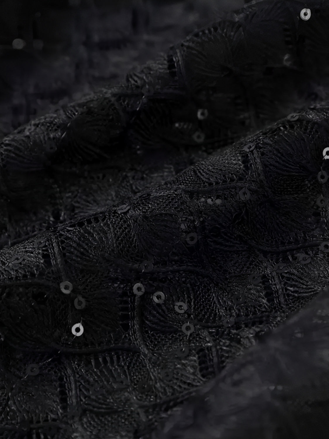 Macacão Feminino de Renda com Lantejoulas Ombreira e Punhos de Plumas e Calça Flare de Veludo - Noir