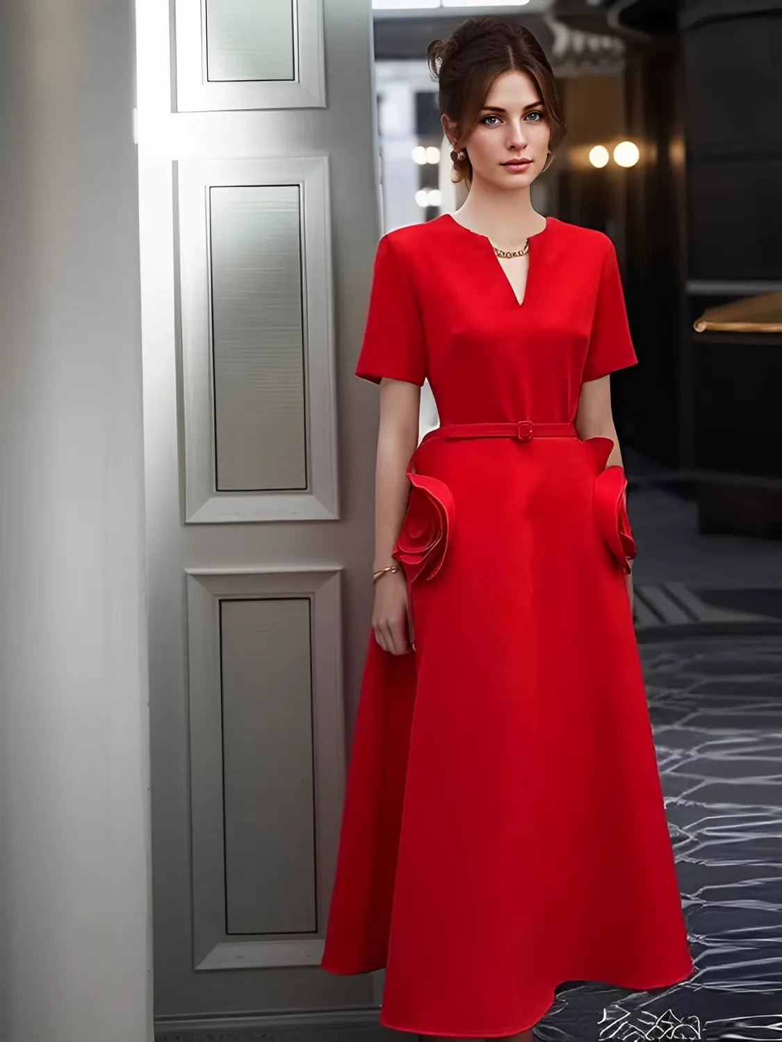 Vestido Feminino Midi Elegante com Aplique de Flor Cinto e Decote em V - Matilda