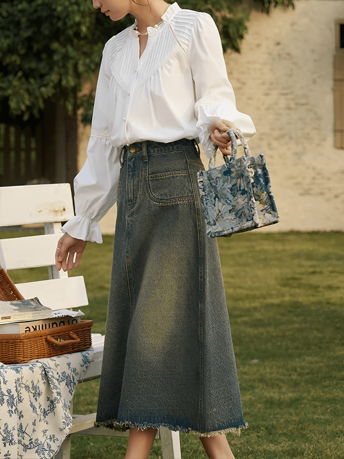 Camisa Feminina em Algodão com Renda Plissada Manga Bufante e Botões Pérola  – Isla