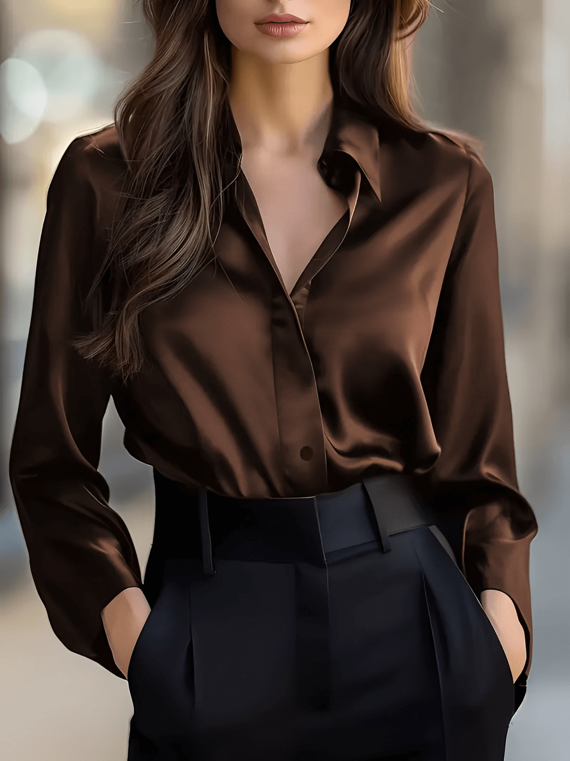 Camisa Feminina Acetinada com Punhos Retos e Botões Discreto - Iolanda