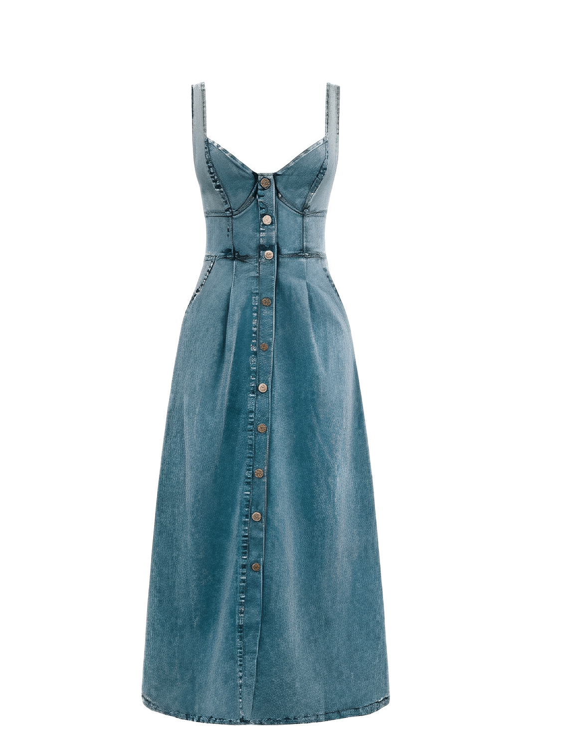 Vestido Feminino Midi Jeans com Decote Coração Botões Frontais e Elástico nas Costas – Pilar