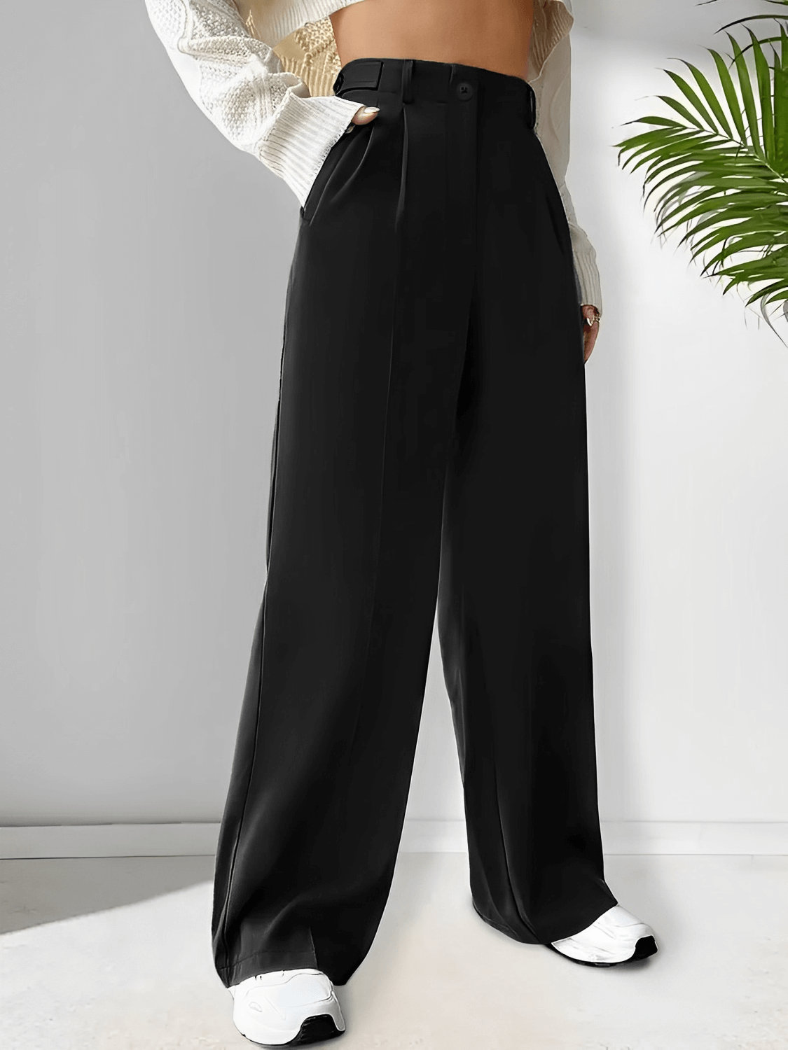 Calça Feminina Alfaiataria Modelagem Wide Leg com Bolsos Funcionais Pregas e Cintura Alta – Adelina