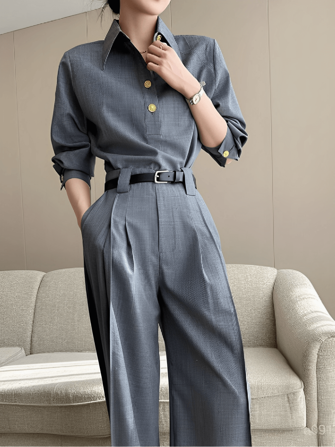 Calça Feminina em Alfaiataria Texturizada com Cintura Alta Bolsos Funcionais e Modelagem Wide Leg  – Alyssa