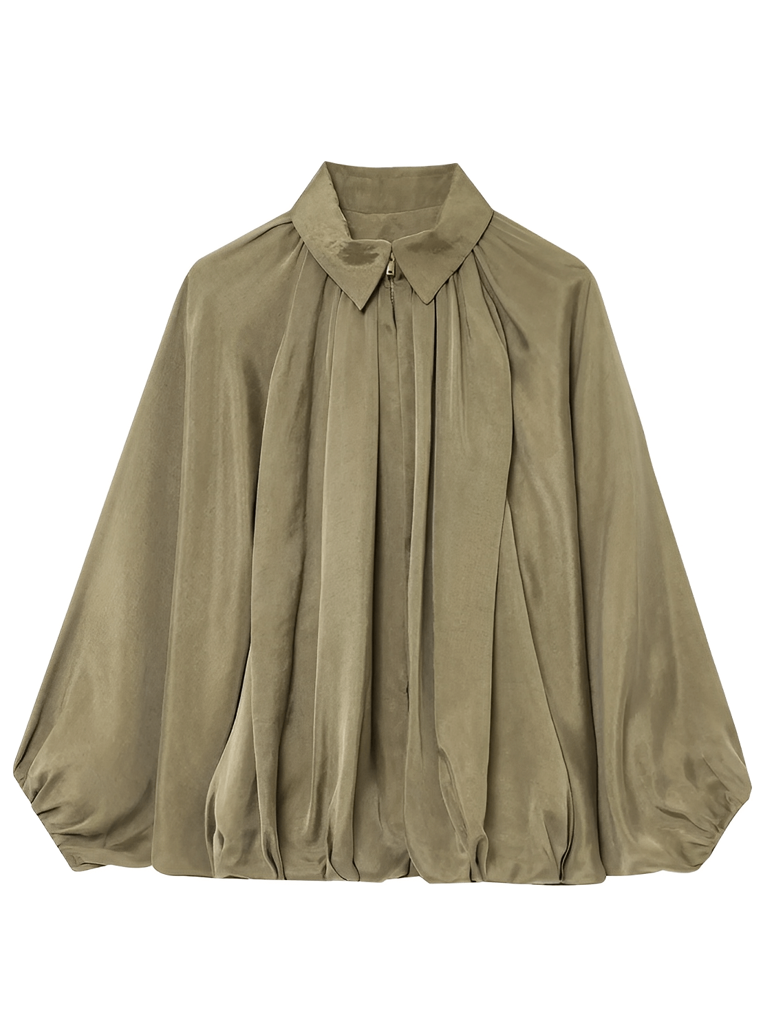 Camisa Feminina Acetinada Oversized com Manga Bufante e Fechamento em Zíper – Milene