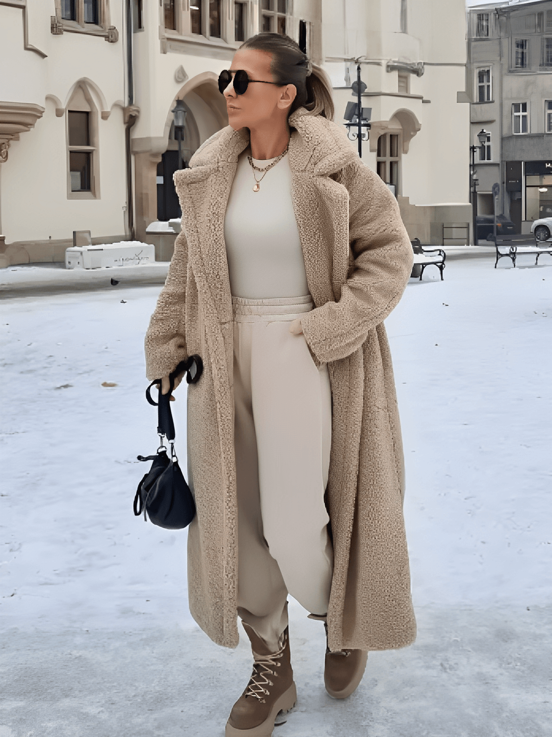 Sobretudo Feminino Longo Teddy em Lã com Cinto Faixa Removível e Fivelas nas Mangas – Jennie