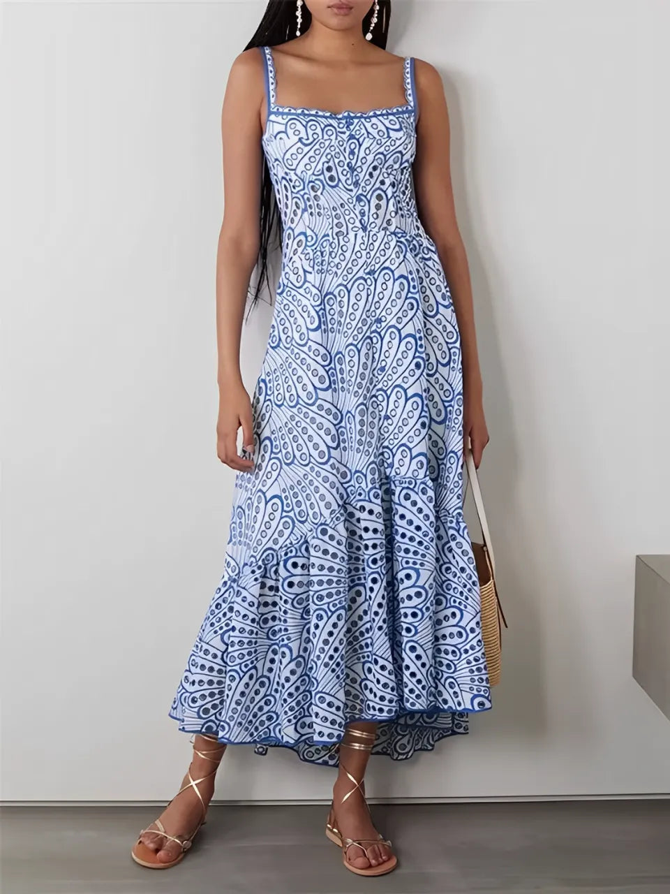 Vestido Feminino Midi de Laise com Babados e Elástico nas Costas - Marina