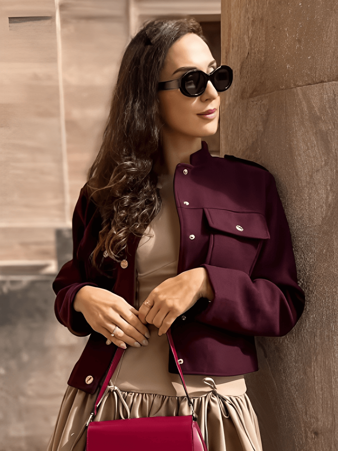 Jaqueta Feminina  Bomber Aveludada em Alfaiataria com Botões Dourados Bolsos Frontais e Gola Redonda – Maya