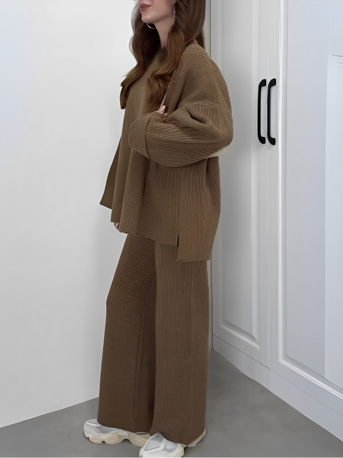 Conjunto Feminino de Tricô Canelado com Suéter Oversized Mullet e Calça com Cintura Alta Elástica - Elis [FRETE FULL]