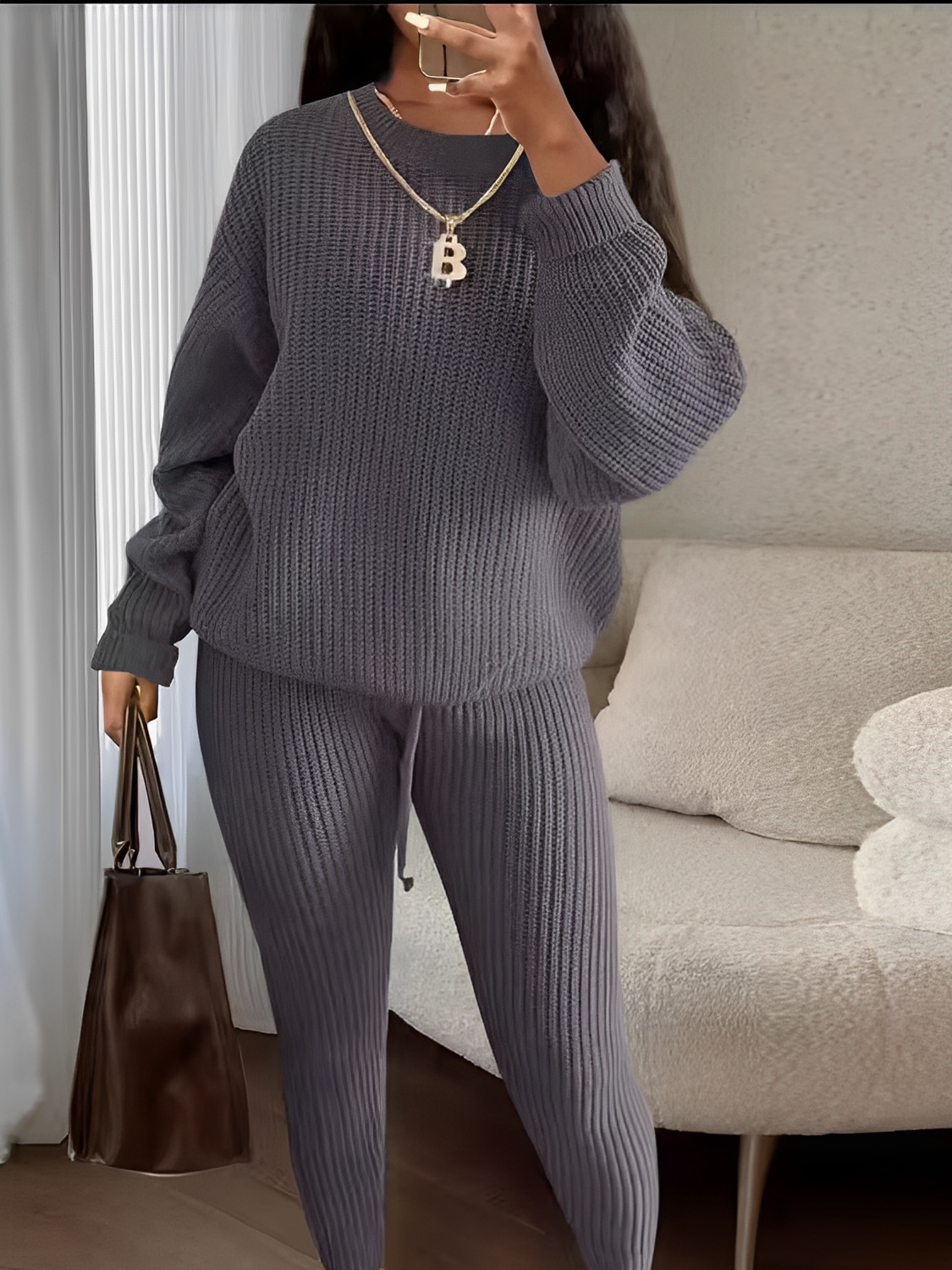 Conjunto Feminino de Tricô com Suéter Oversized  e Calça Legging com Cintura Ajustável – Ranya