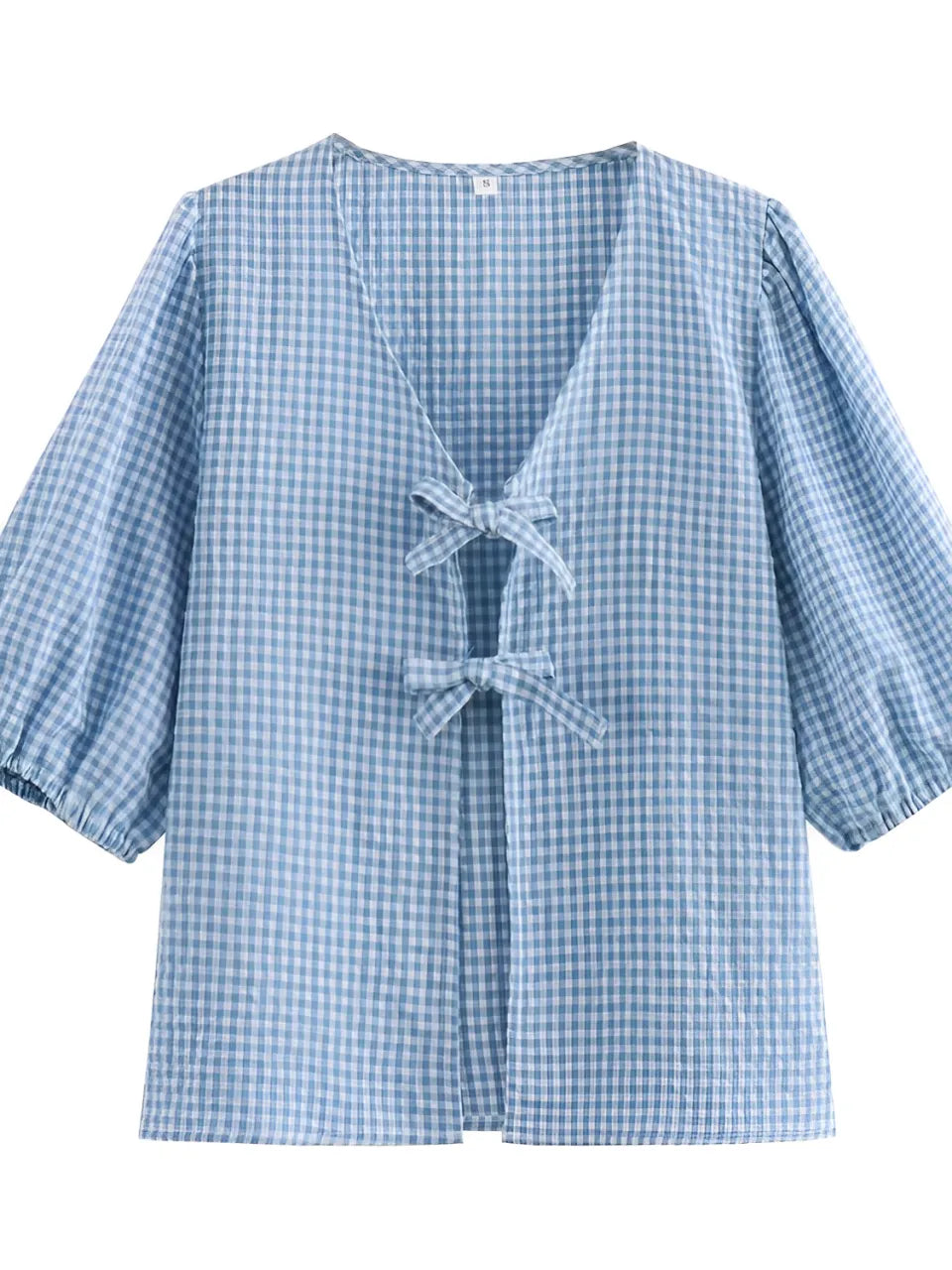 Conjunto Feminino Xadrez com Blusa de Amarração Frontal e Manga Bufante e Short com Cintura Elástica - Cassie