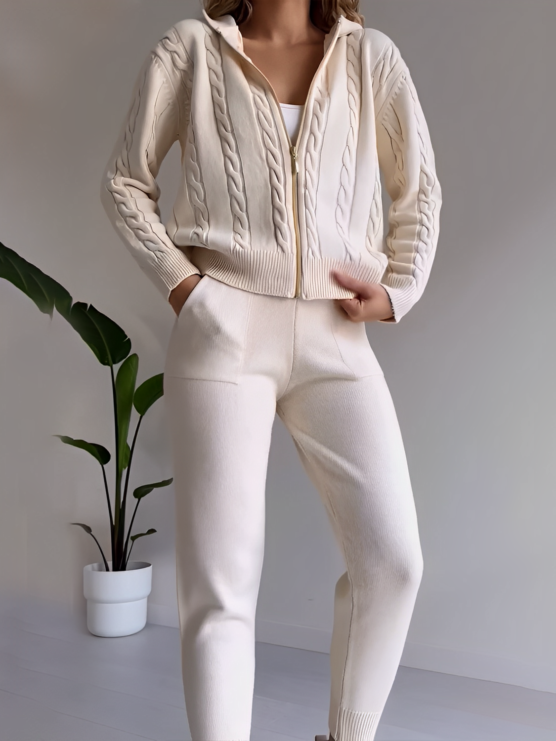Conjunto Feminino de Tricô com Jaqueta Texturizada com Zíper e Calça Jogger de Cintura Elástica - Ciara [ FRETE FULL]