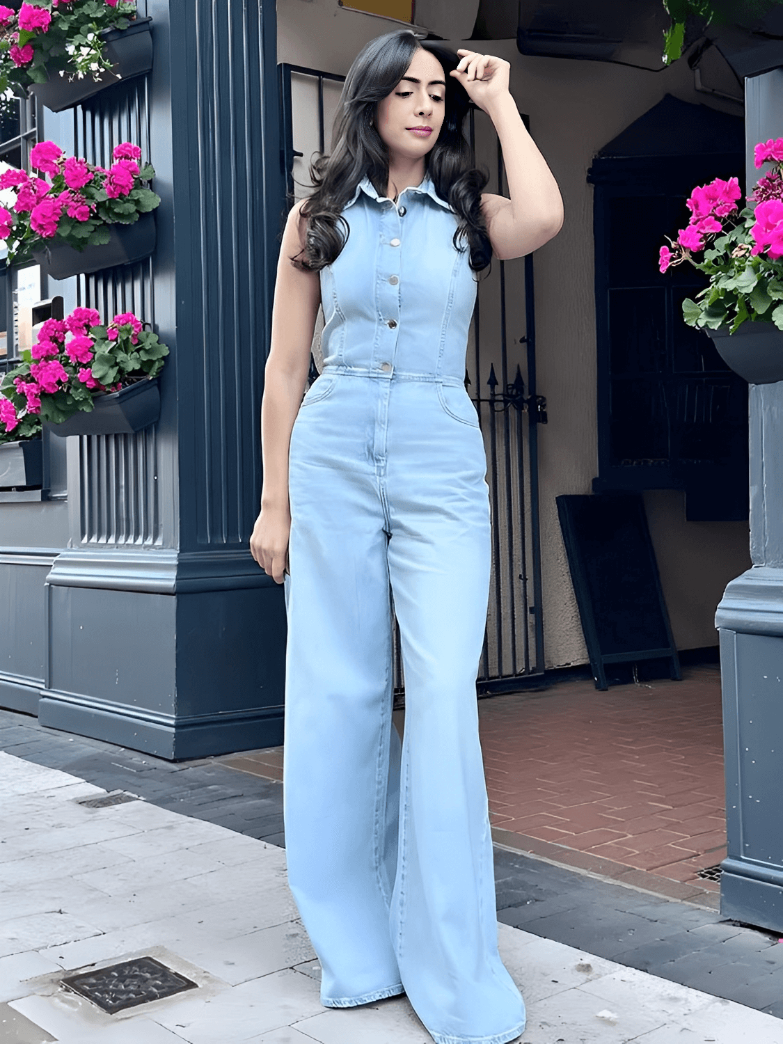 Macacão Feminino Jeans com Decote Nadador e Abertura Frontal em Botões Modelagem Wide Leg  - Jordana