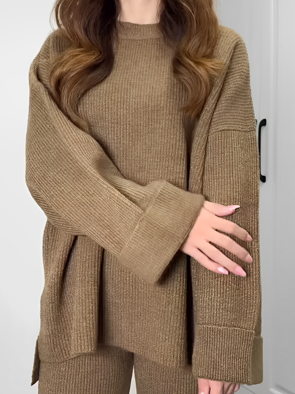 Conjunto Feminino de Tricô Canelado com Suéter Oversized Mullet e Calça com Cintura Alta Elástica - Elis [FRETE FULL]