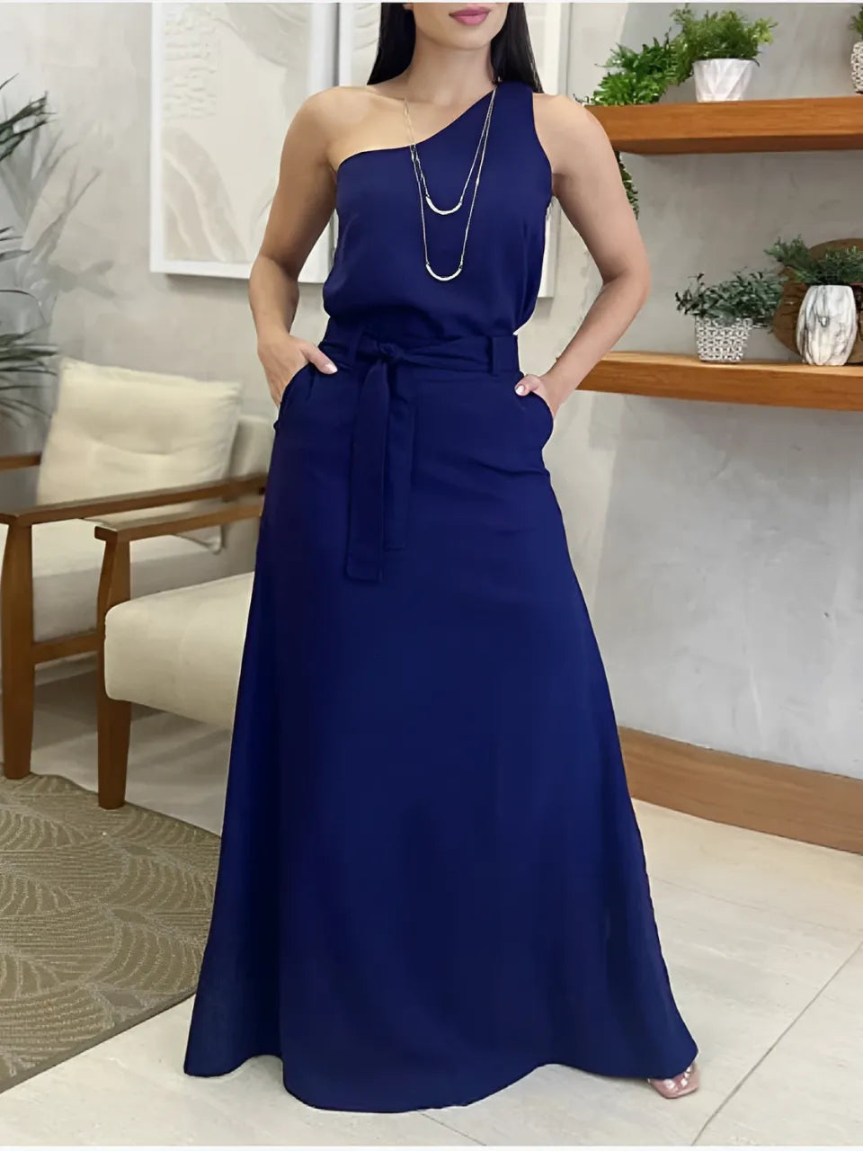 Conjunto Feminino com Blusa de Ombro Único e Saia Longa de Cintura Alta com Amarração e Fenda - Malena