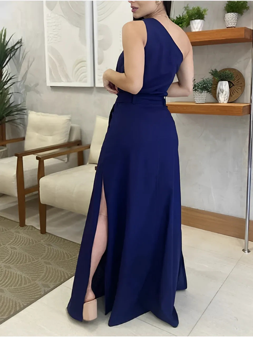 Conjunto Feminino com Blusa de Ombro Único e Saia Longa de Cintura Alta com Amarração e Fenda - Malena [FRETE FULL]