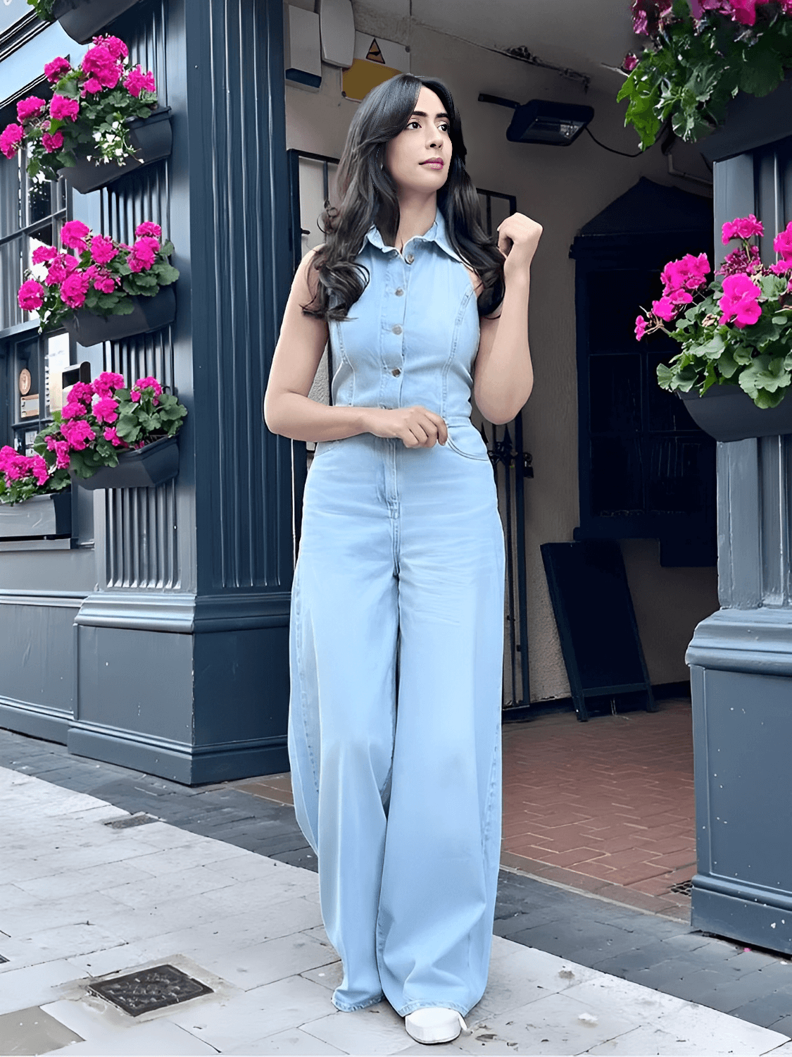 Macacão Feminino Jeans com Decote Nadador e Abertura Frontal em Botões Modelagem Wide Leg  - Jordana