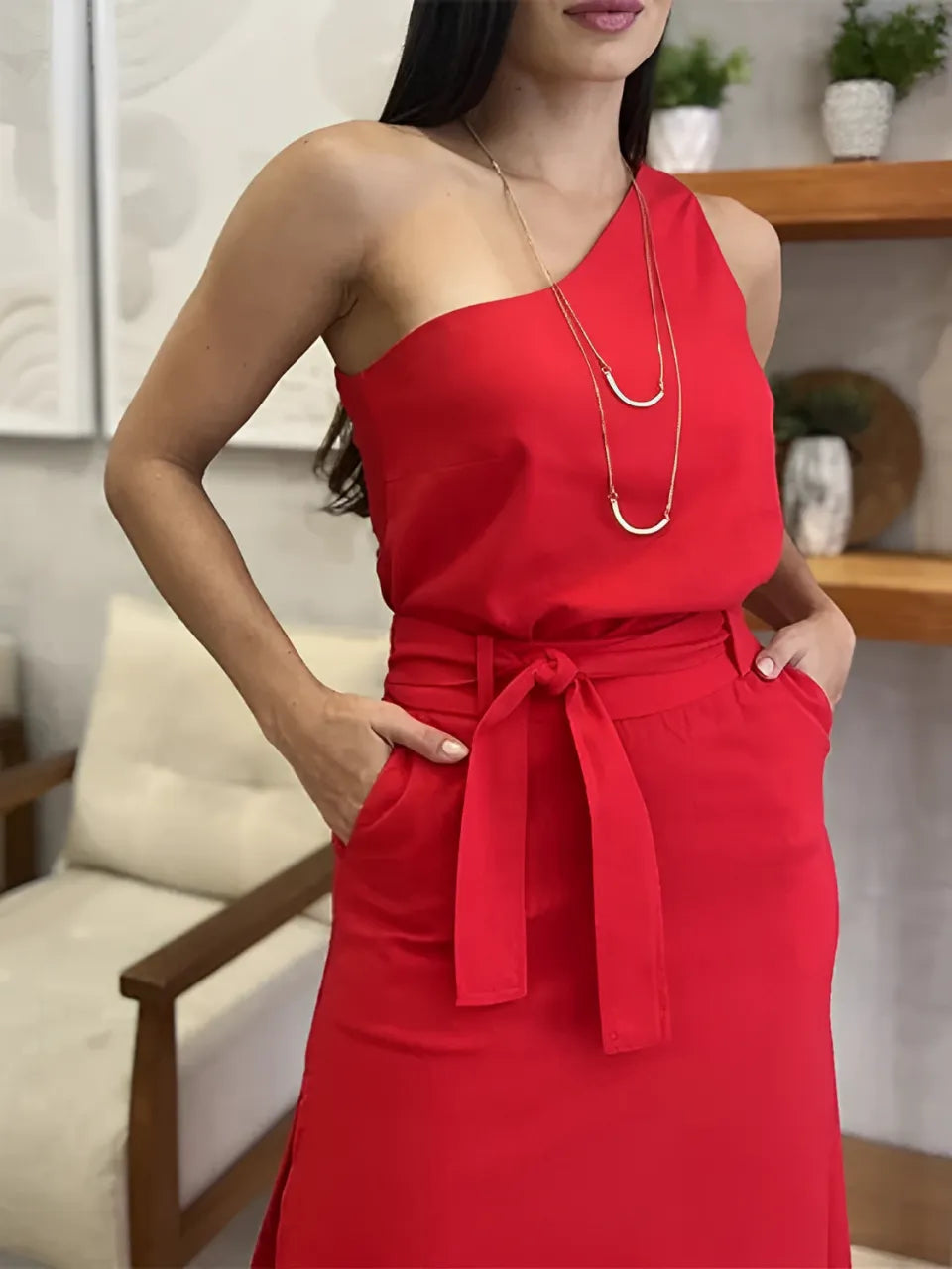 Conjunto Feminino com Blusa de Ombro Único e Saia Longa de Cintura Alta com Amarração e Fenda - Malena