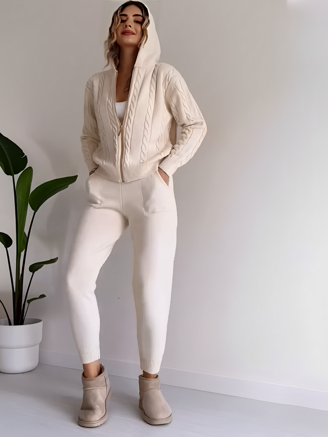 Conjunto Feminino de Tricô com Jaqueta Texturizada com Zíper e Calça Jogger de Cintura Elástica - Ciara [ FRETE FULL]