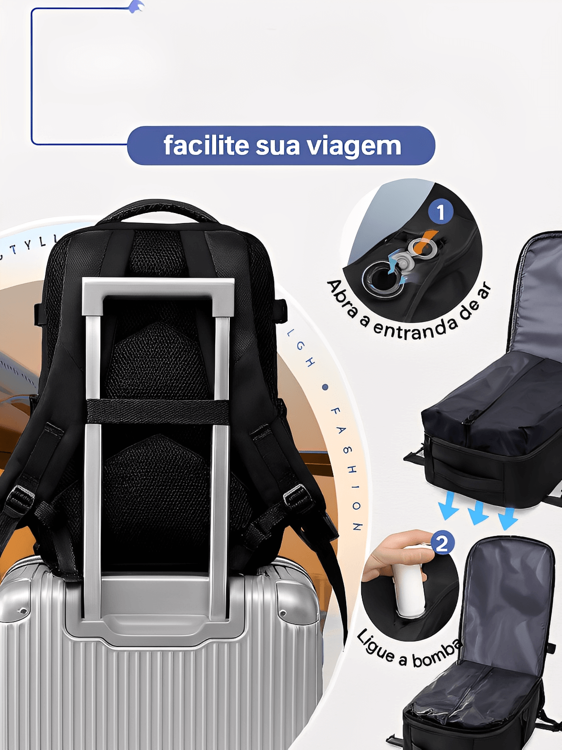 Mochila Multifuncional para Viagem com Compartimentos Internos e Externos e Compressor à Vácuo – Tati