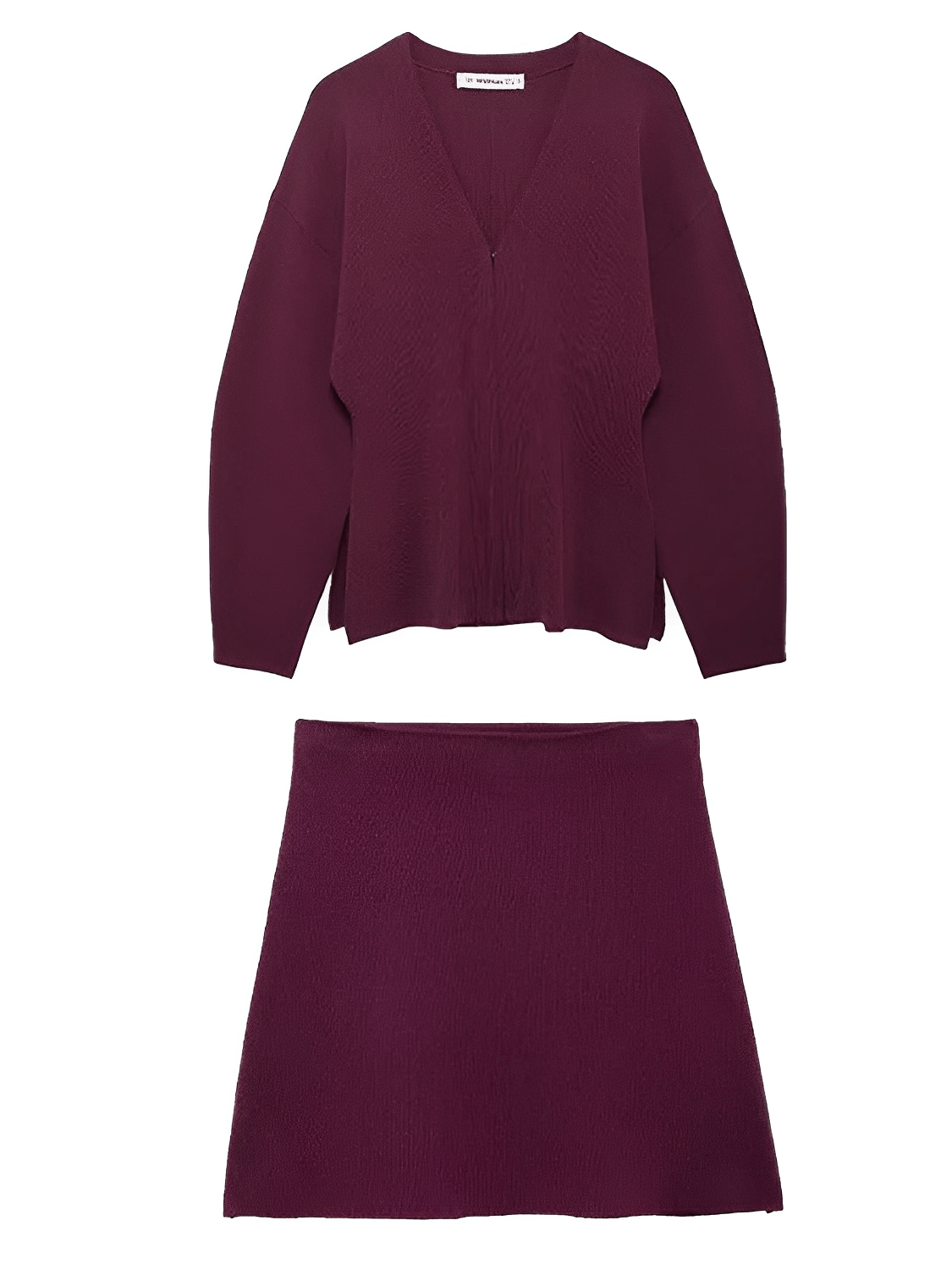 Conjunto Feminino de Tricô com Suéter Gola V e Saia Reta com Cintura Elástica - Viviene