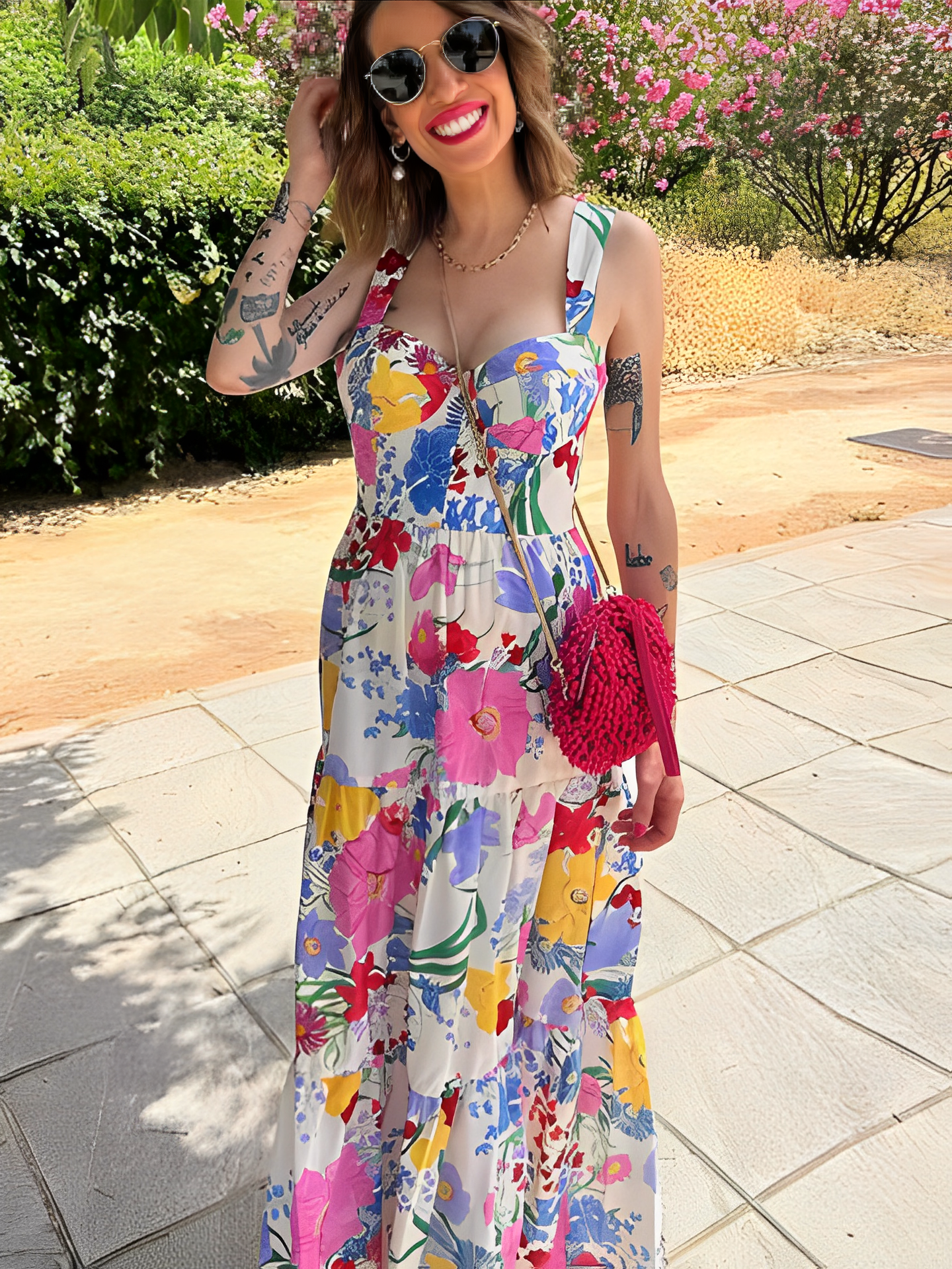 Vestido Feminino Longo Estampado Floral com Alças Finas e Decote Coração - Antonella