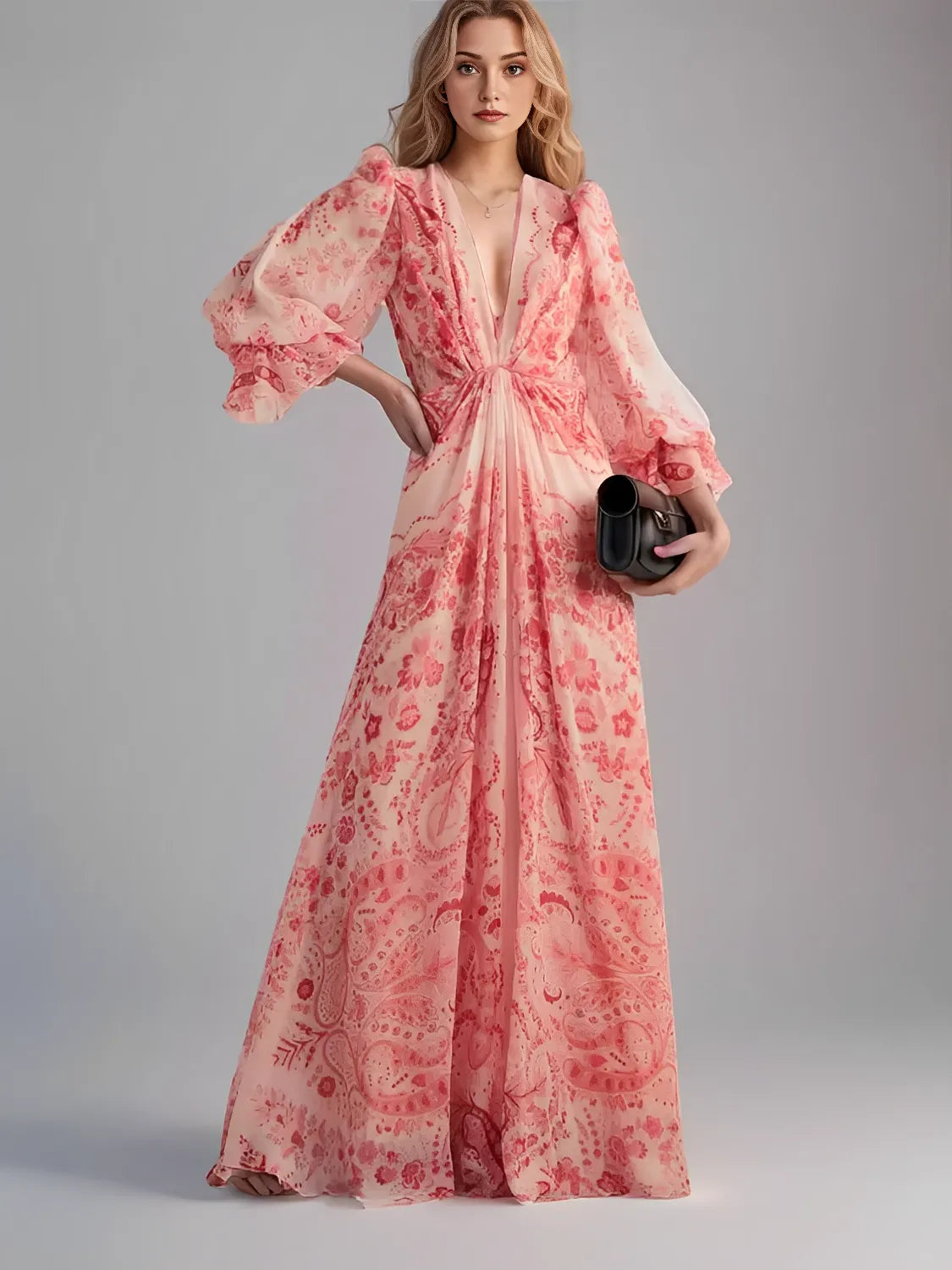 Vestido Feminino Longo Estampado de Manga Longa e Acinturado - Clarisse