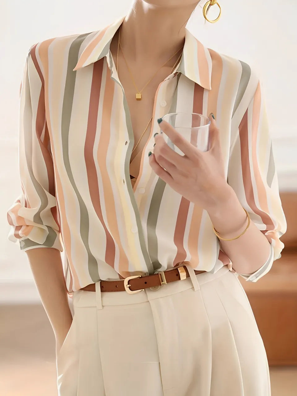 Camisa Feminina Social Listrada com Gola Clássica e Botões - Jasmine