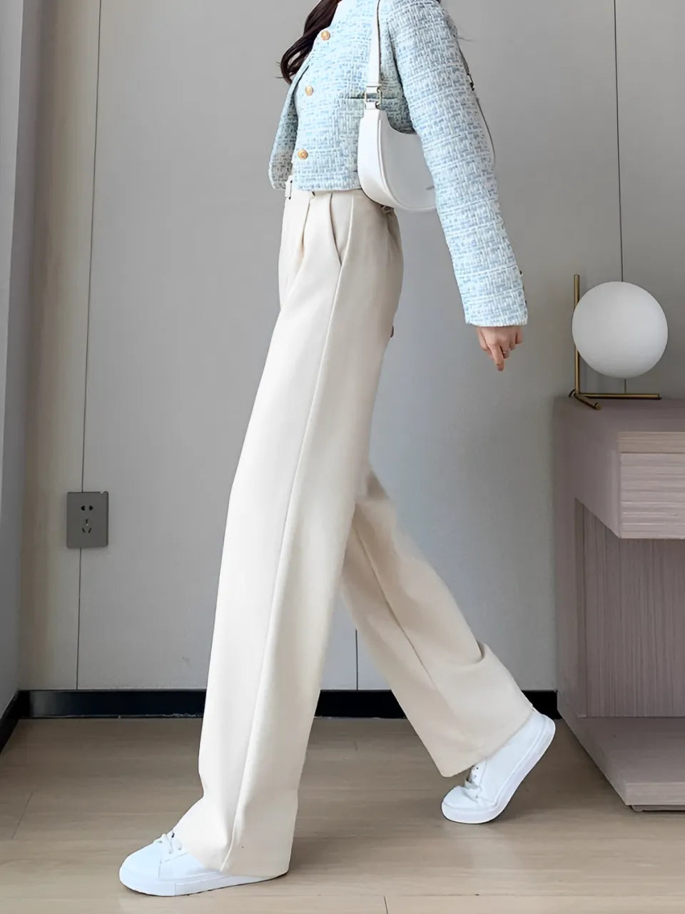 Calça Feminina Wide de Lã Batida com Cintura Alta de Elástico e Bolsos - Maysa [FRETE FULL]