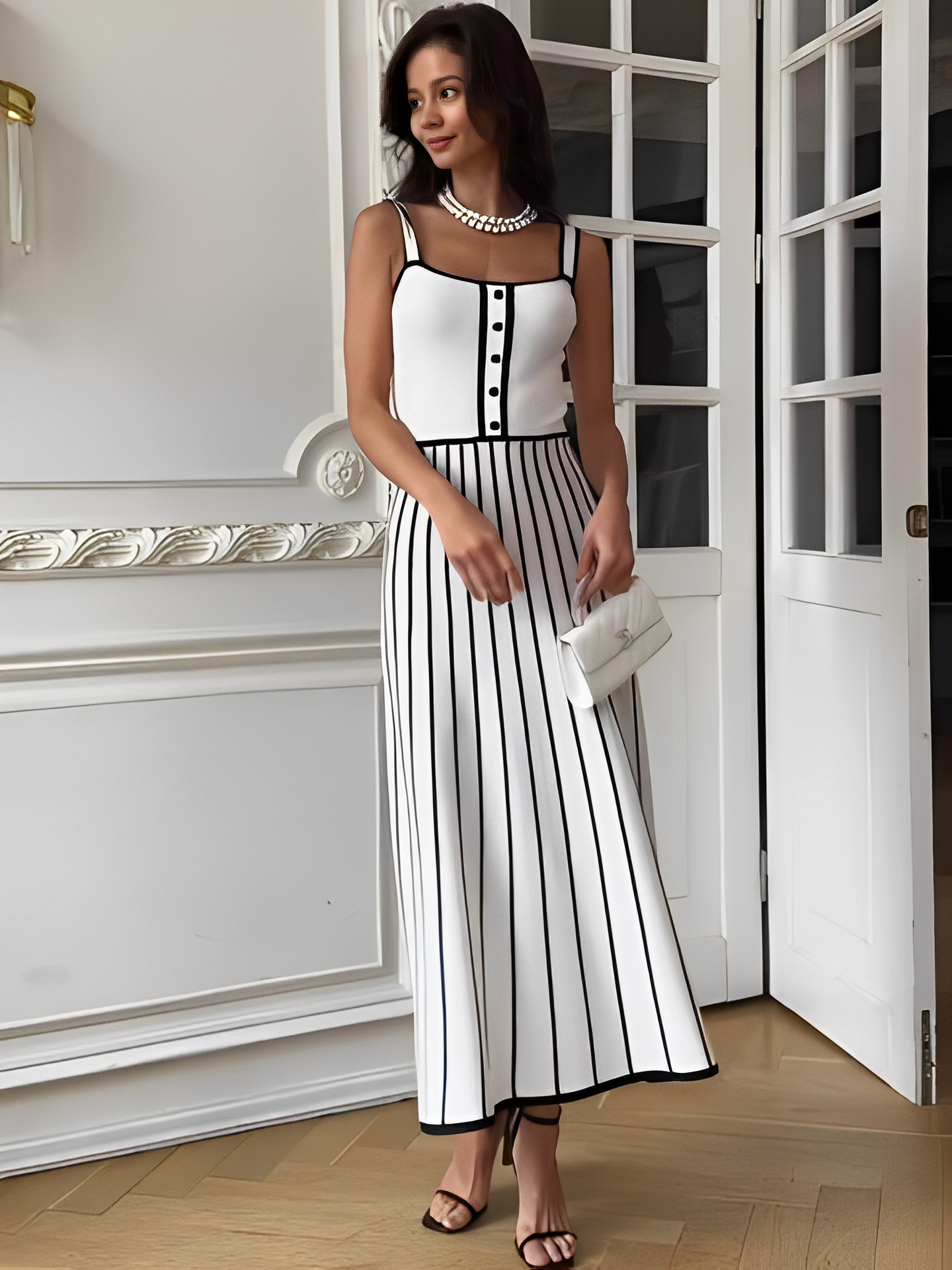 Vestido Feminino Midi Tricô Listrado Modelagem Evasê - Dandara
