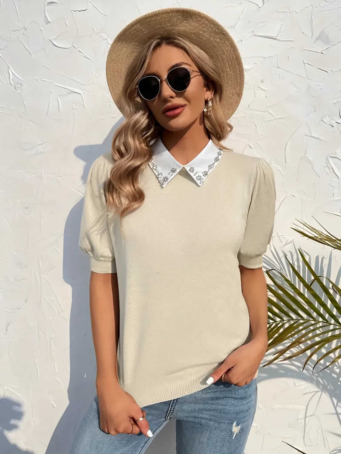 Blusa Feminina Gola Polo Bordada Mangas Bufantes - Laura
