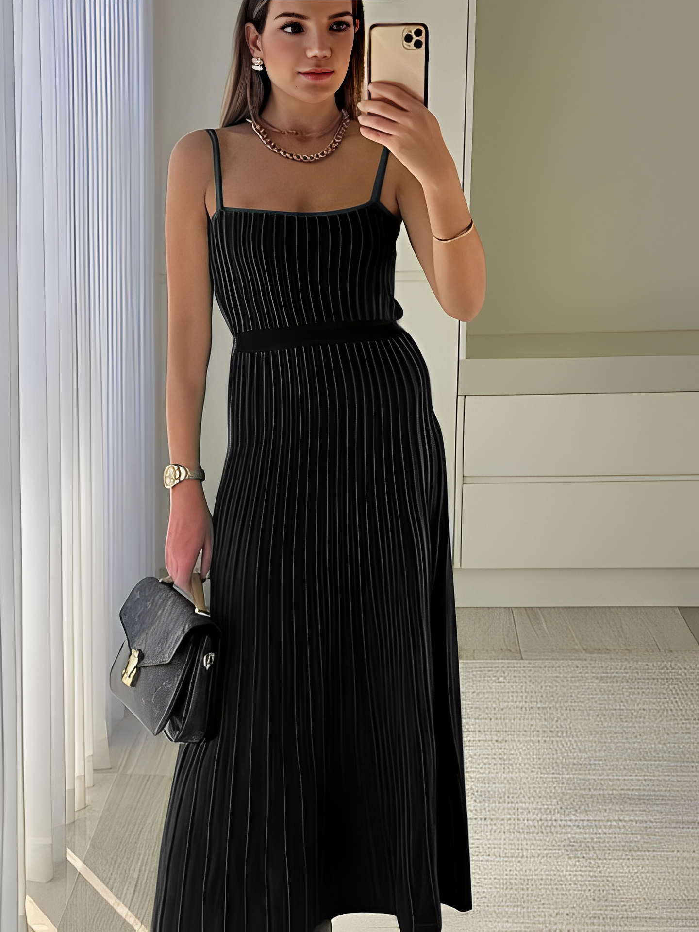 Vestido Feminino Midi Plissado em Tricô com Alças Finas e Cintura Elástica - Nalu