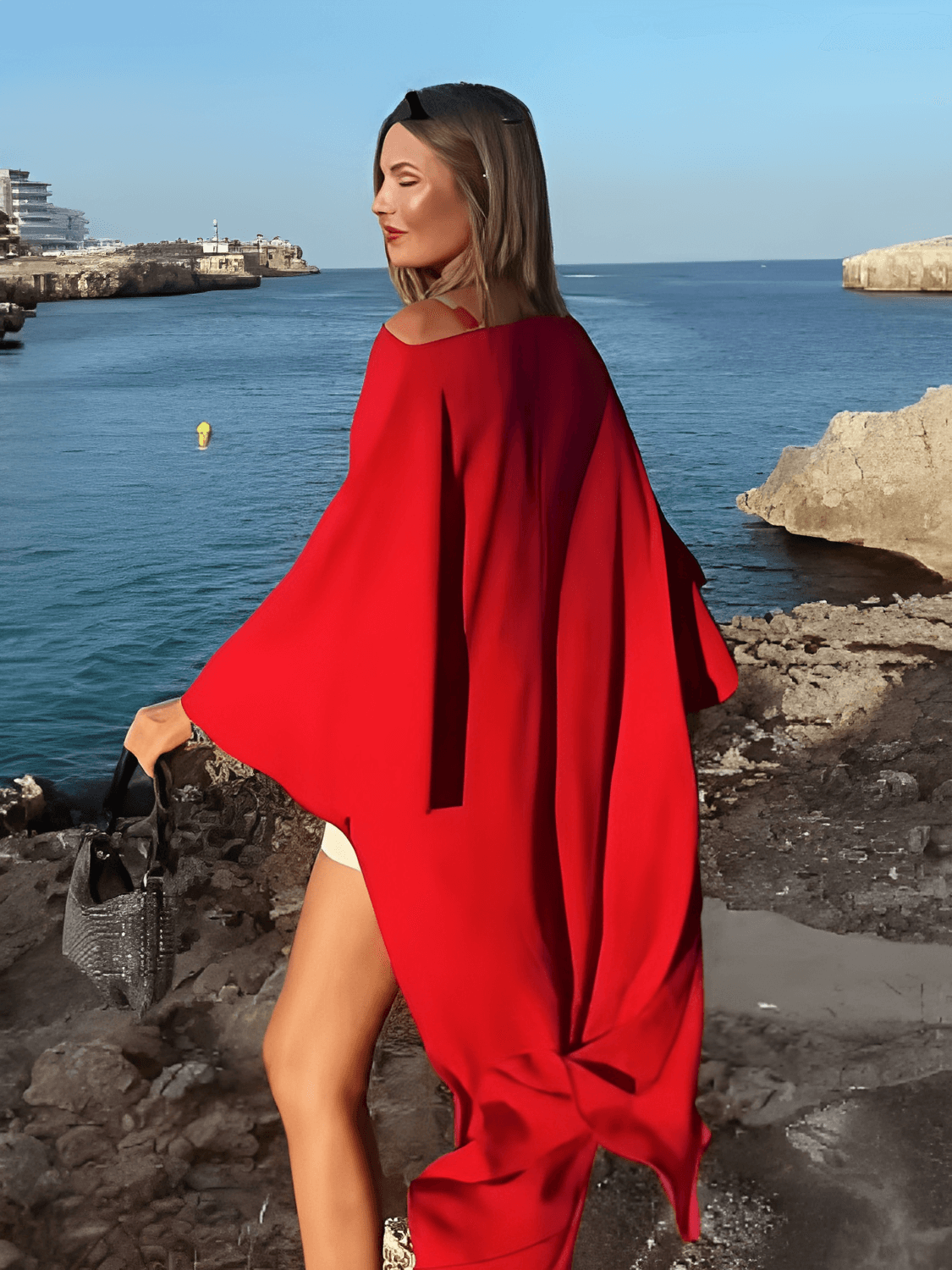 Bata Feminina Longa Estilo Capa com Manga Morcego e Fenda Lateral Assimétrica – Cláudia
