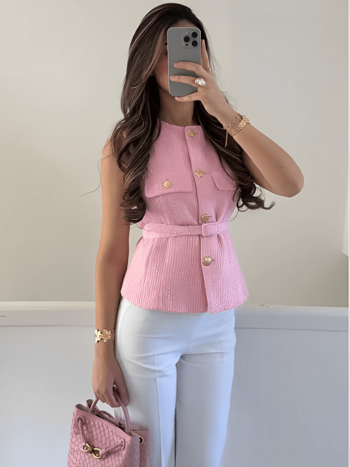 Colete Feminino Tweed Acinturado com Cinto e Bolsos Decorativo - Corine