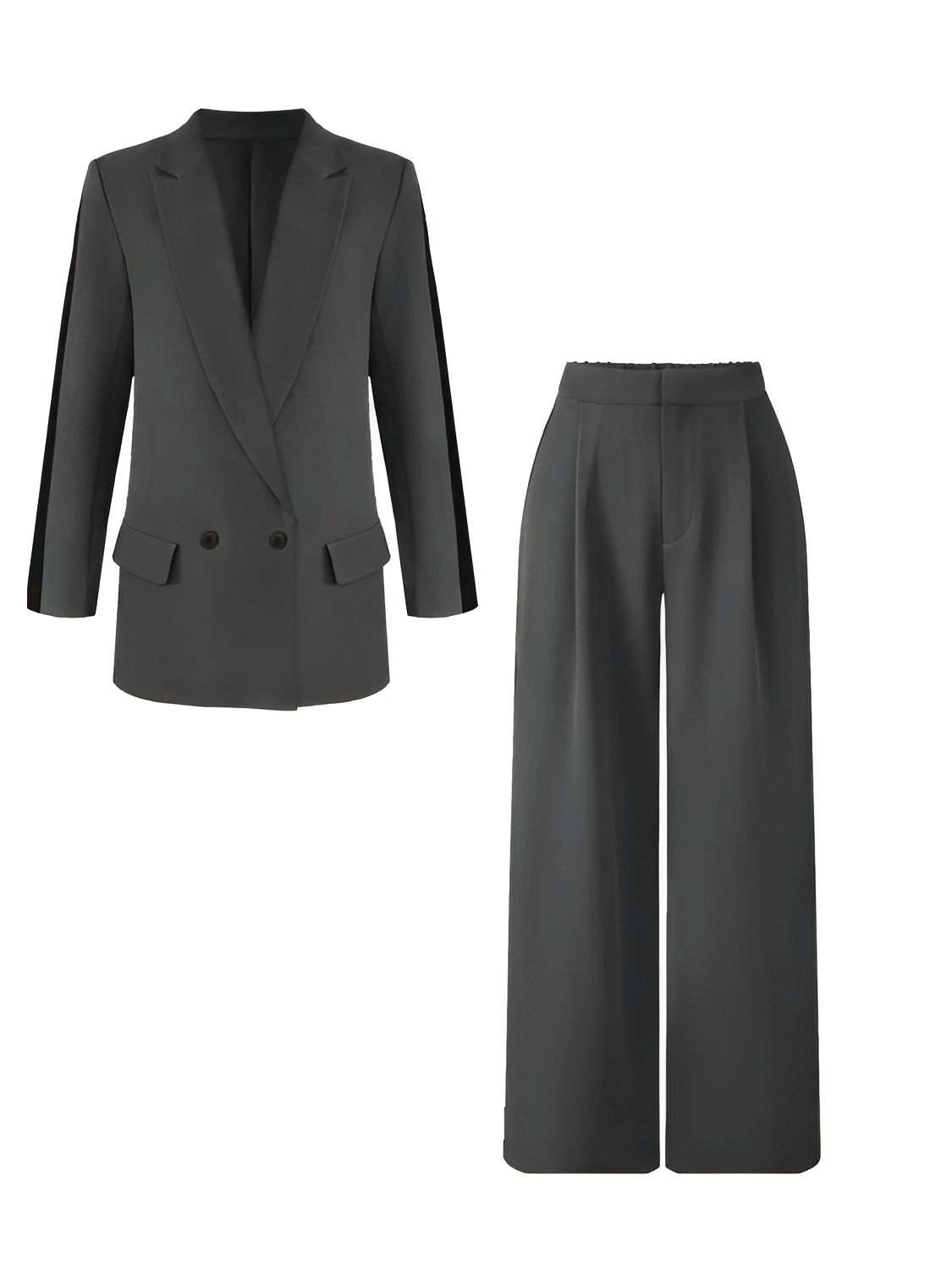 Conjunto Feminino em Alfaiataria com Blazer Oversized Trespassado Calça Pantalona  Cintura Elástica e Listra Lateral– Damares
