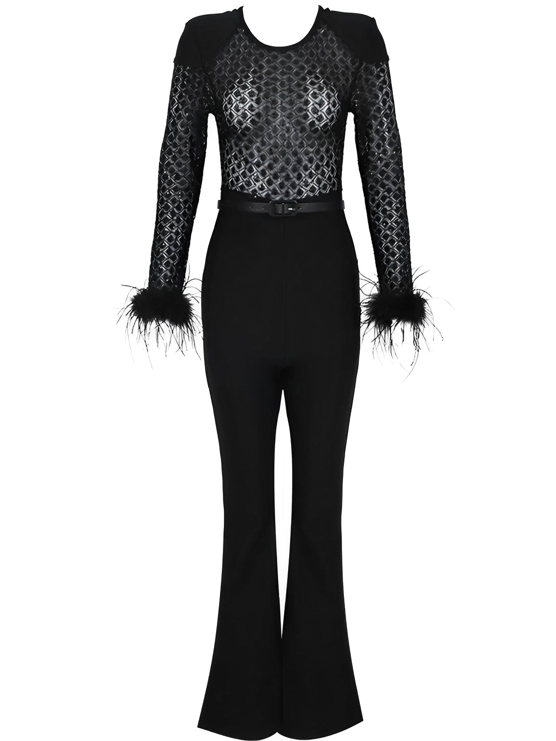 Macacão Feminino de Renda com Lantejoulas Ombreira e Punhos de Plumas e Calça Flare de Veludo - Noir
