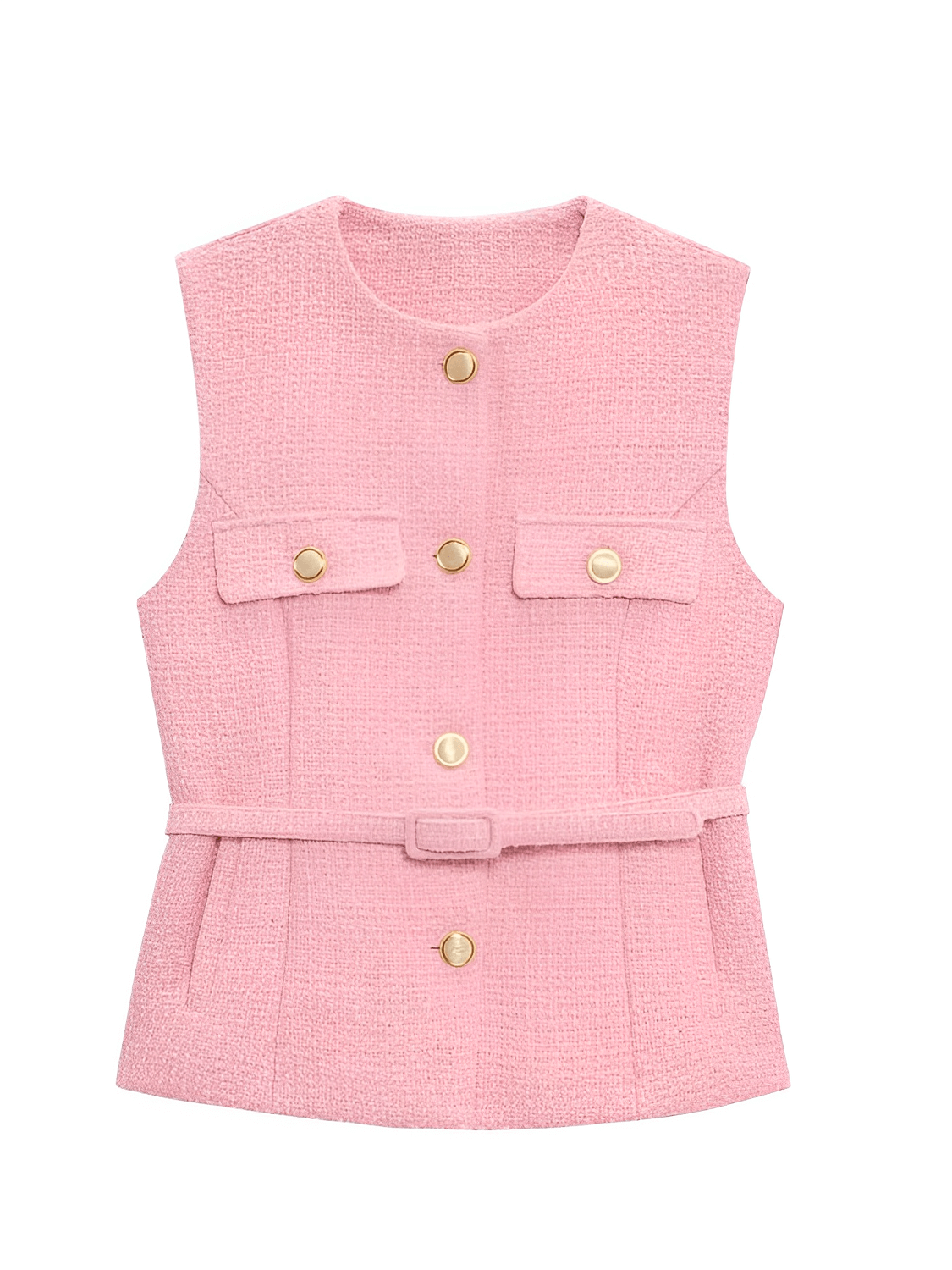 Colete Feminino Tweed Acinturado com Cinto e Bolsos Decorativo - Corine