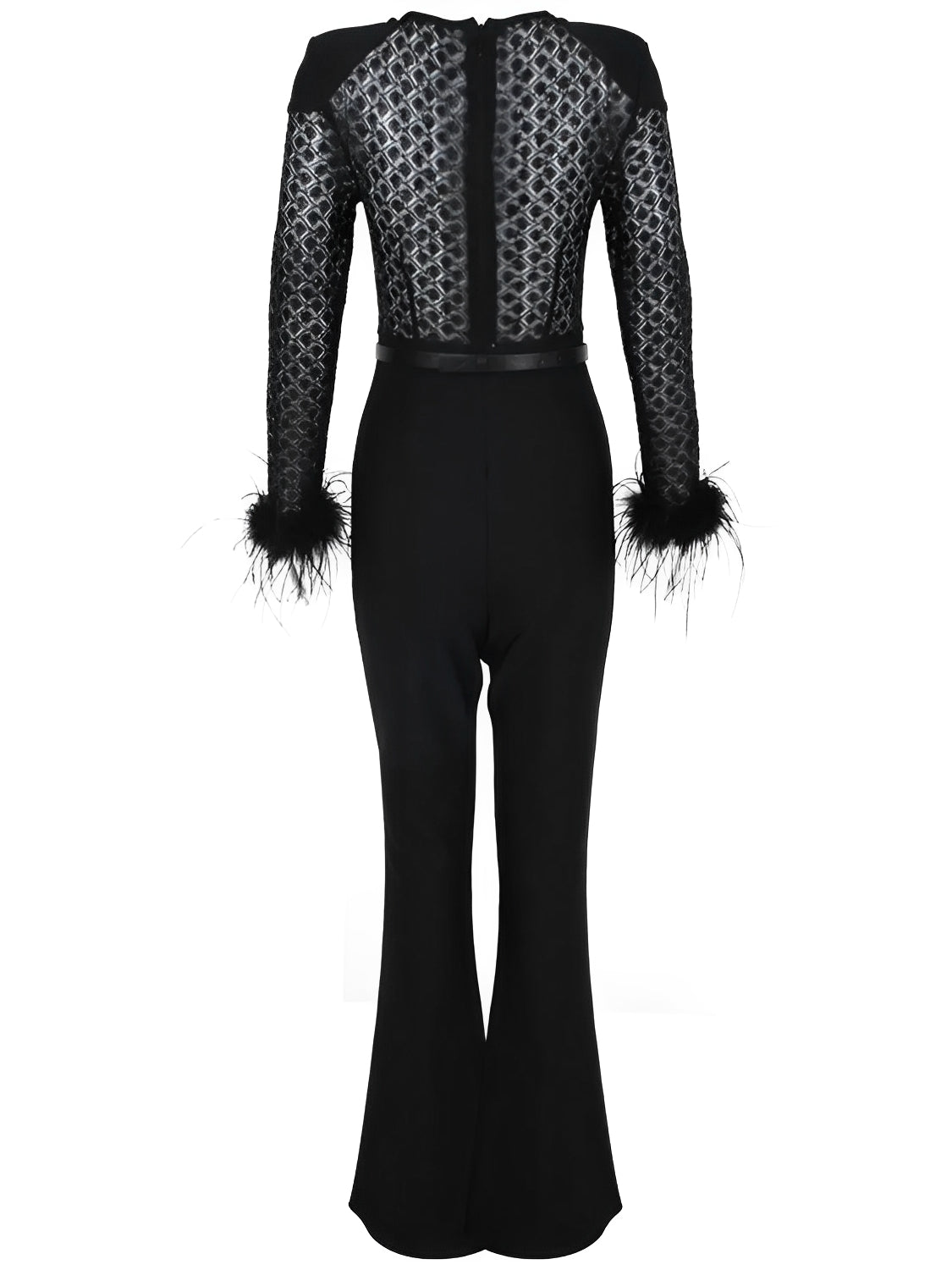 Macacão Feminino de Renda com Lantejoulas Ombreira e Punhos de Plumas e Calça Flare de Veludo - Noir