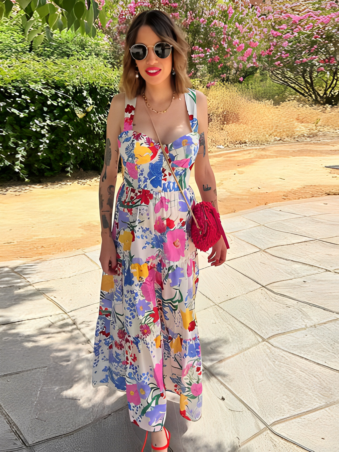 Vestido Feminino Longo Estampado Floral com Alças Finas e Decote Coração - Antonella