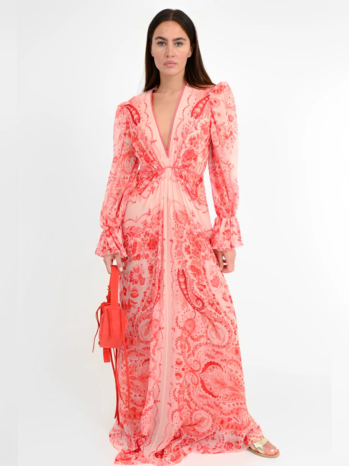 Vestido Feminino Longo Estampado de Manga Longa e Acinturado - Clarisse