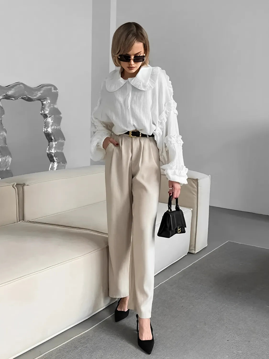 Camisa Feminina de Algodão com Babados nas Mangas e Gola - Chloe
