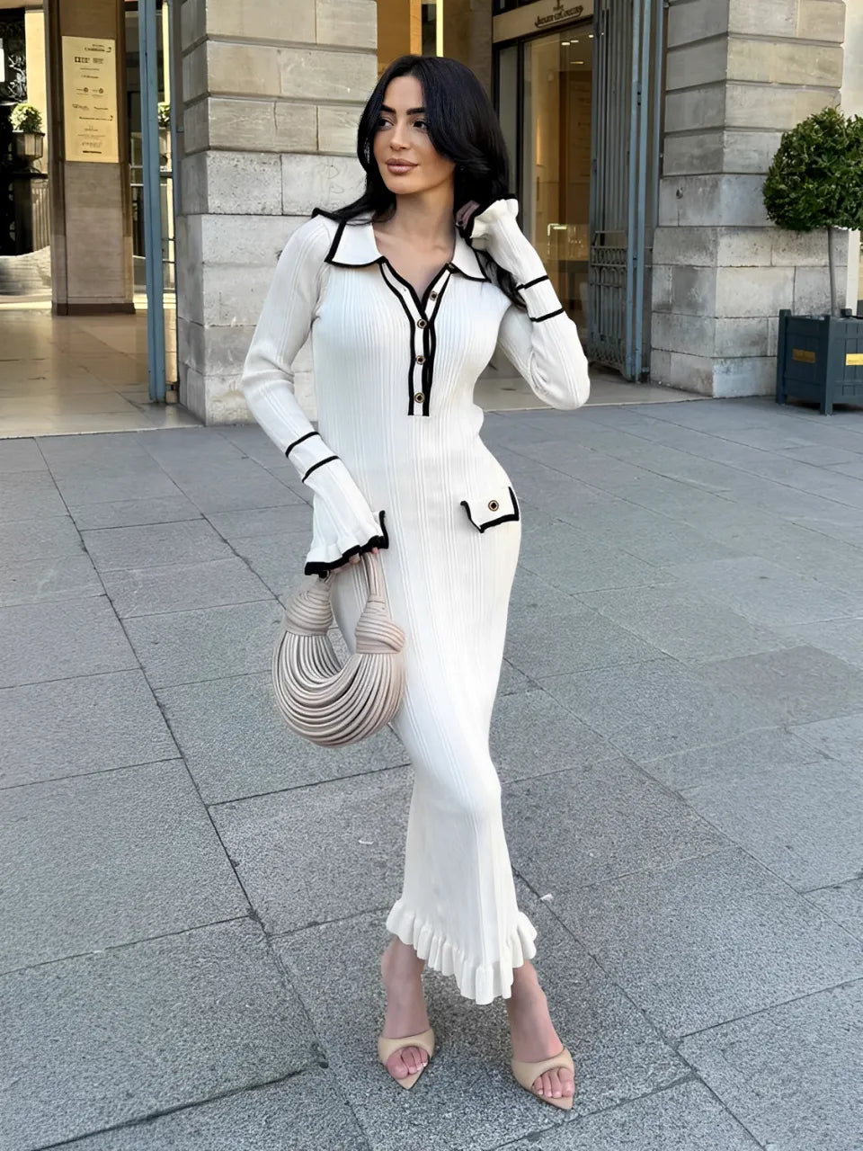 Vestido Feminino Longo em Tricô com Mangas Longas Babados e Bolso Decorativo - Estefânia