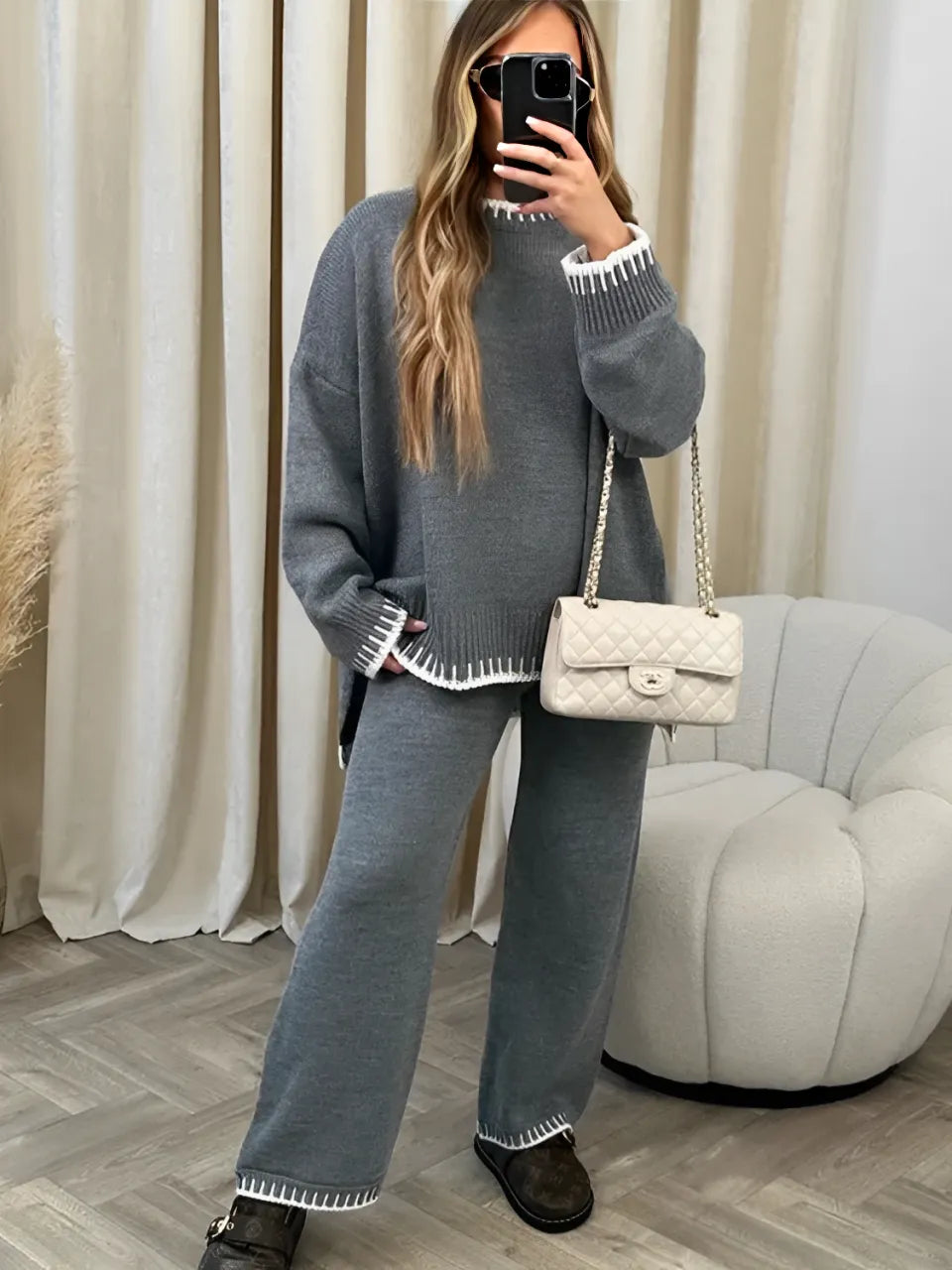 Conjunto Feminino com Suéter e Calça com Detalhes em Crochê - Íris [FRETE FULL]