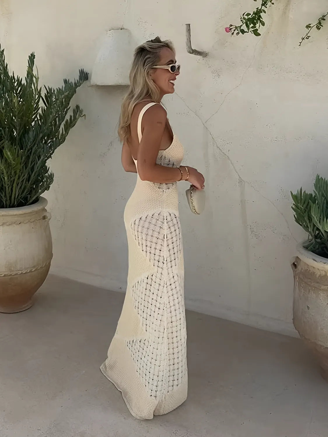 Vestido Feminino Longo de Tricô Vazado com Alças Finas - Helena