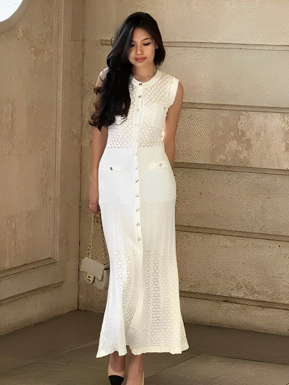 Vestido Feminino Midi de Tricô Sem Mangas com Abertura de Botões - Manon