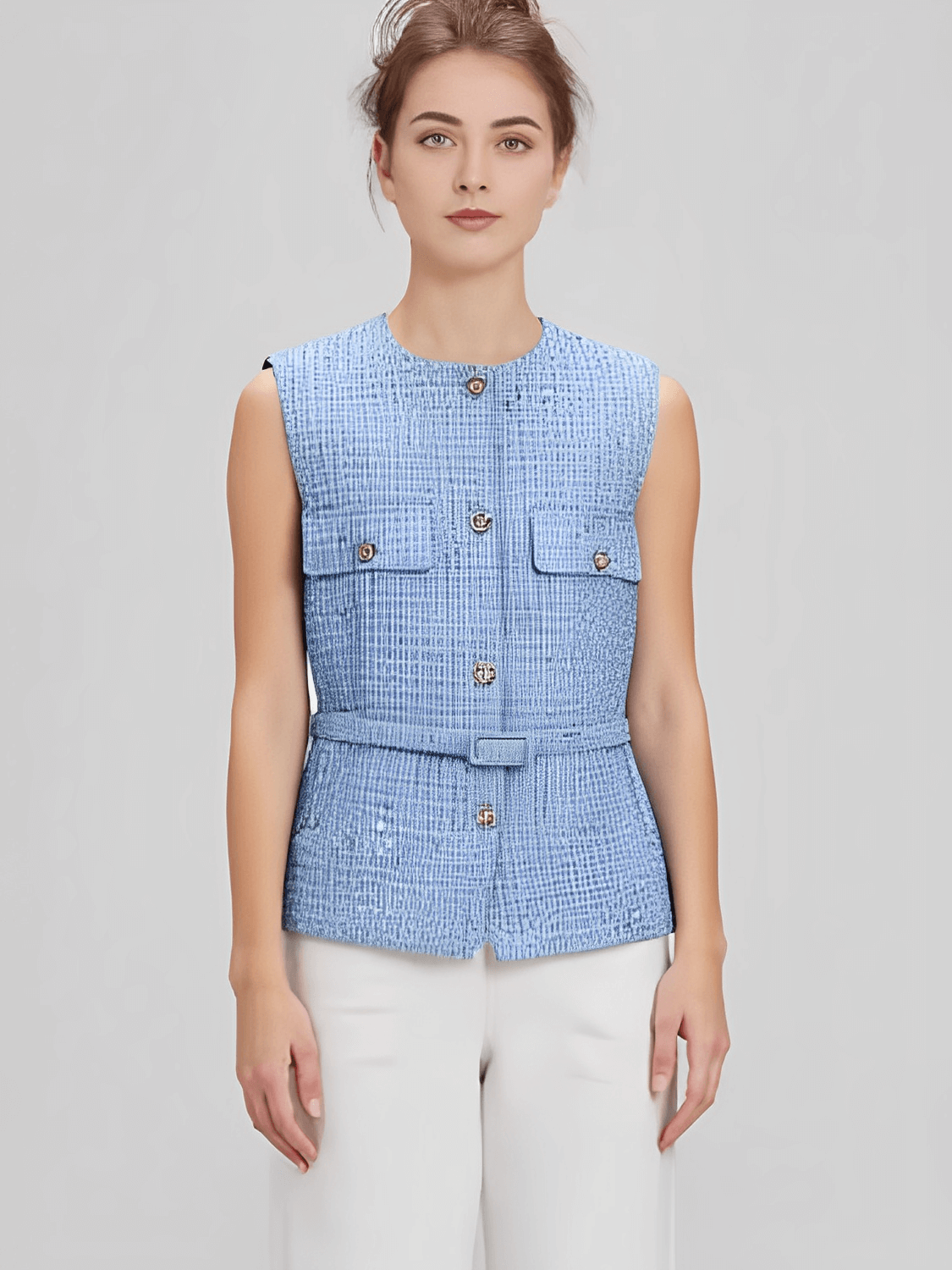 Colete Feminino Tweed Acinturado com Cinto e Bolsos Decorativo - Corine