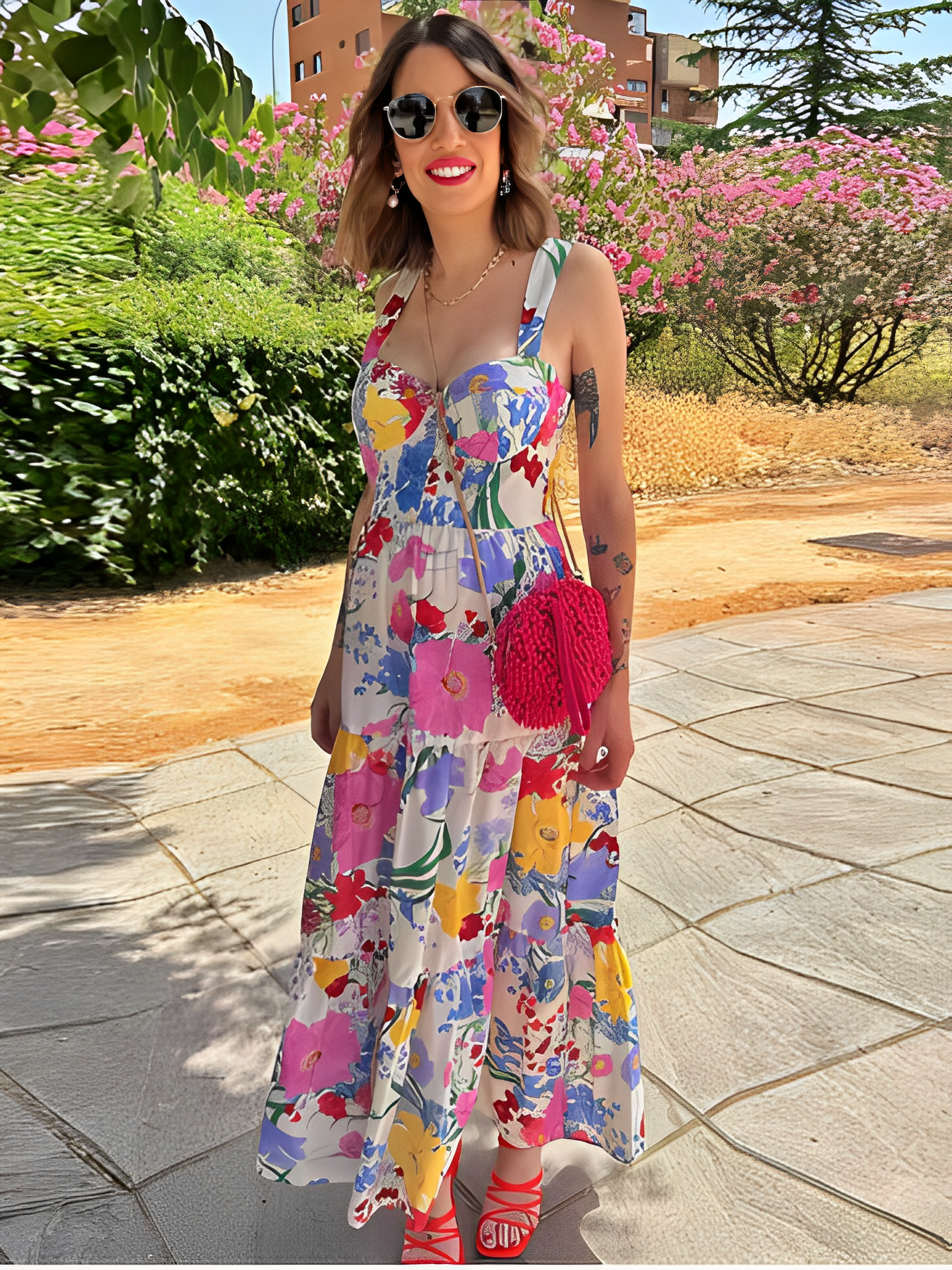 Vestido Feminino Longo Estampado Floral com Alças Finas e Decote Coração - Antonella