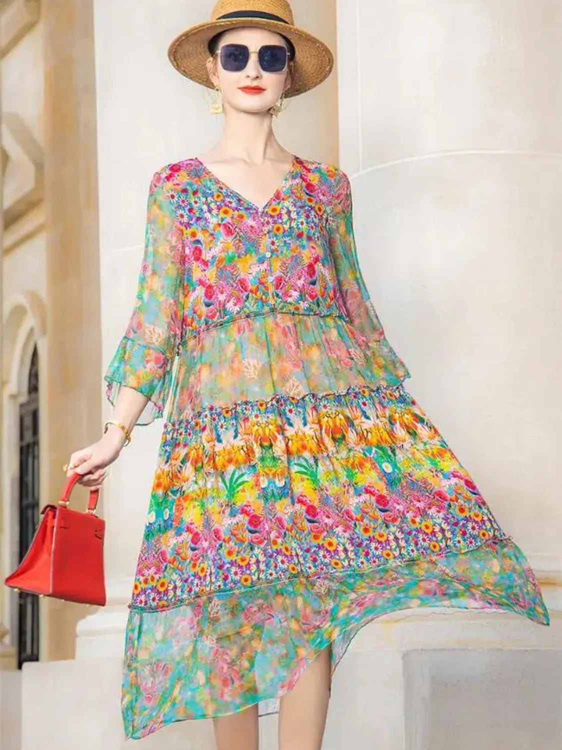 Vestido Feminino Midi Estampado Floral de Chiffon - Keila