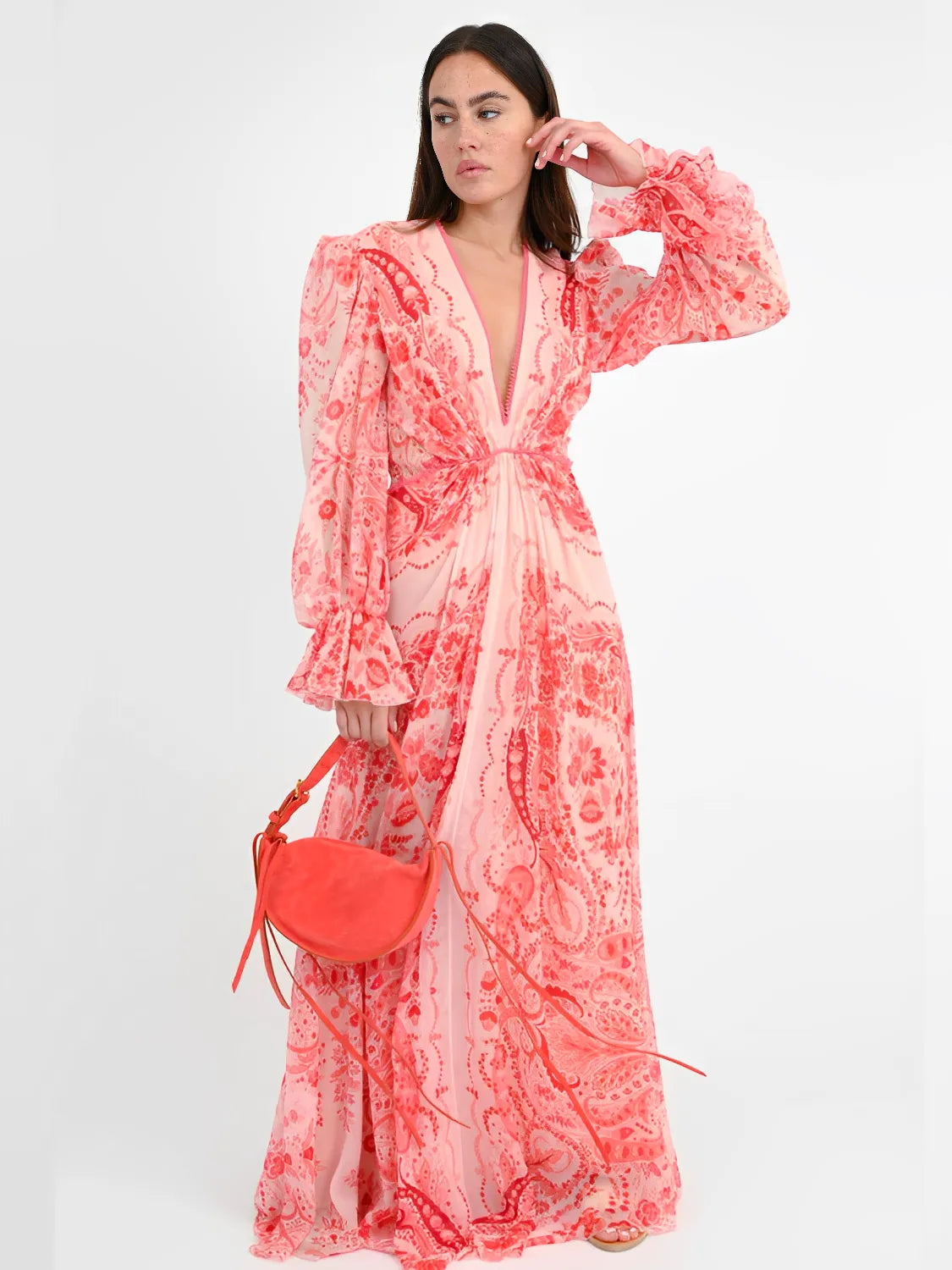 Vestido Feminino Longo Estampado de Manga Longa e Acinturado - Clarisse